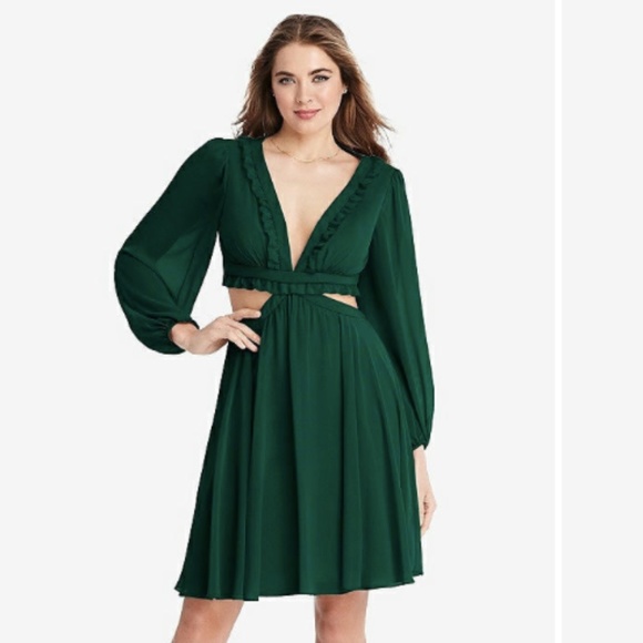 NWT LOVELY BISHOP SLEEVE RUFFLED CHIFFON CUTOUT MINI DRESS - HUNTER GREEN - Picture 1 of 12